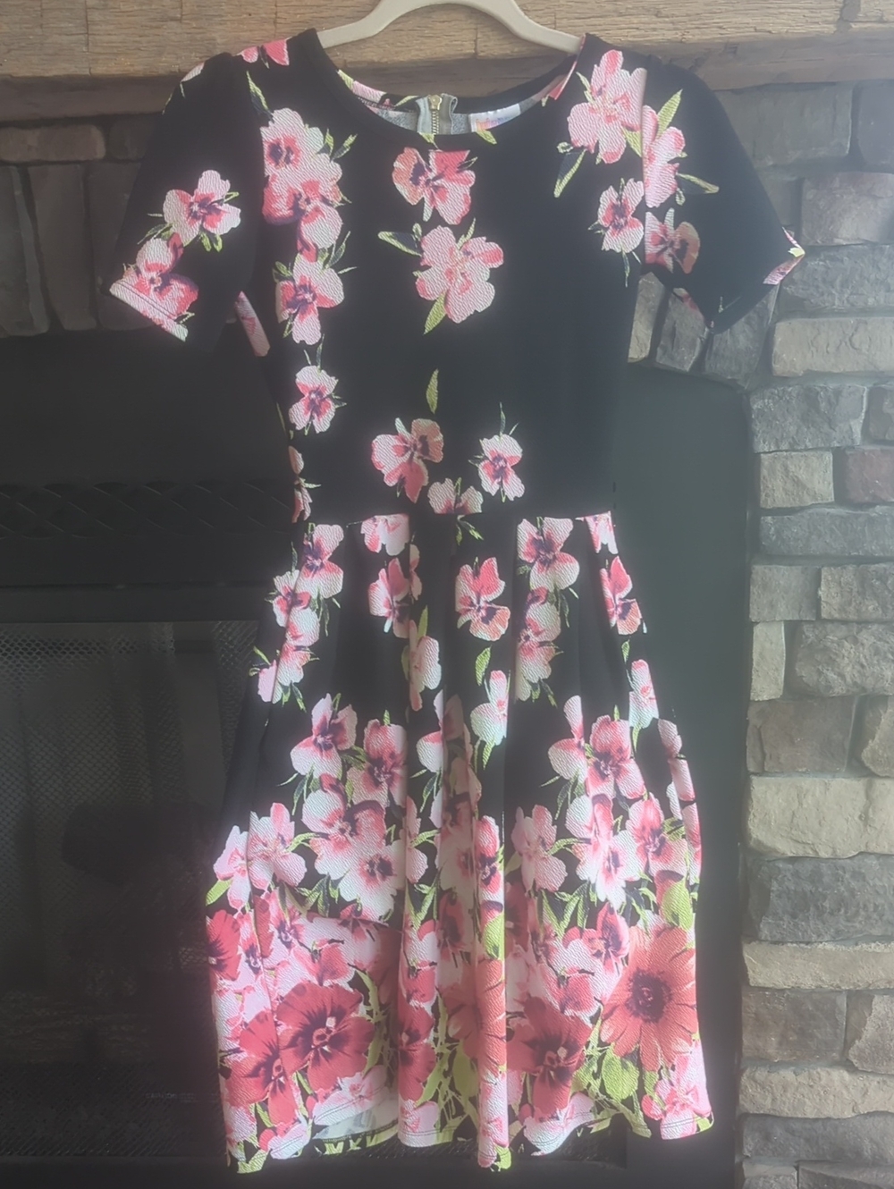 Black Floral Fit-and-Flare Dress with Pink Blossoms By Lula roe Size Xxs
